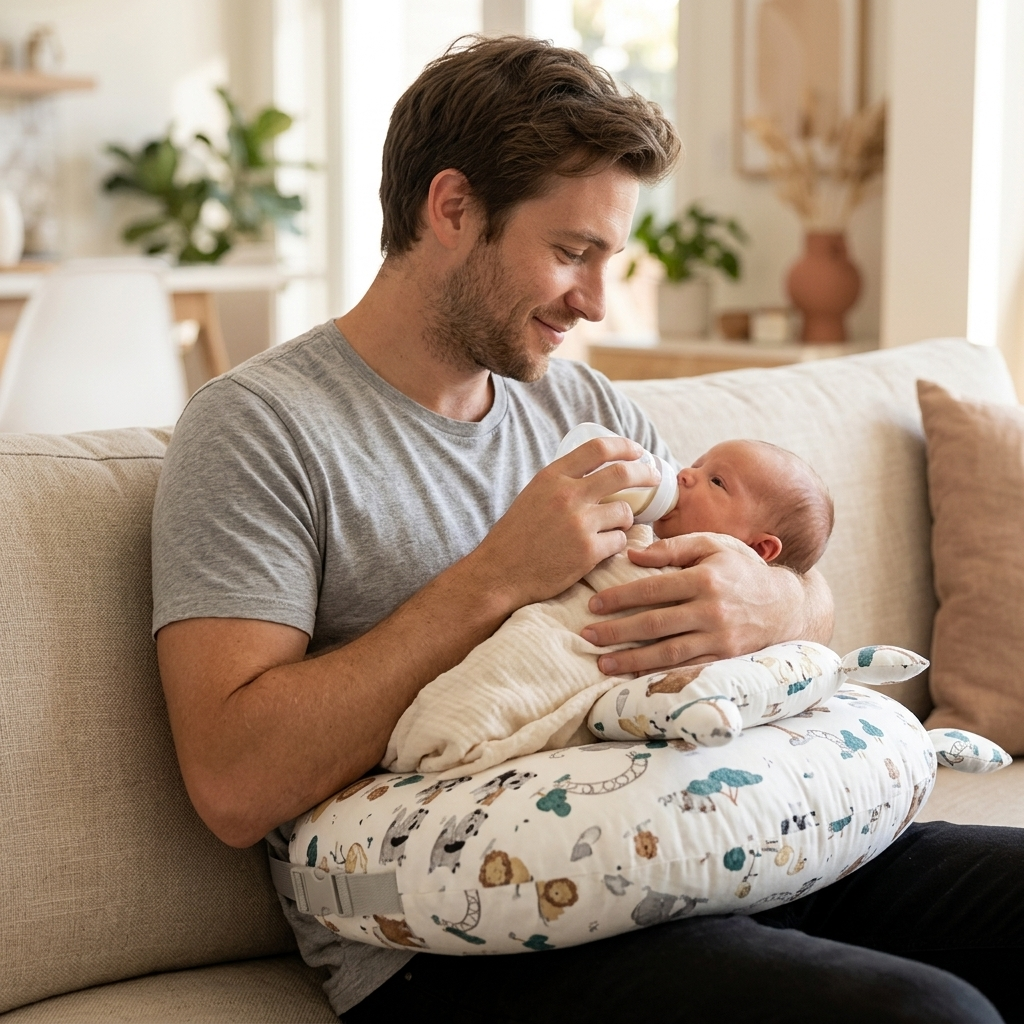 Dad bottle-feeding with the Mamora pillow