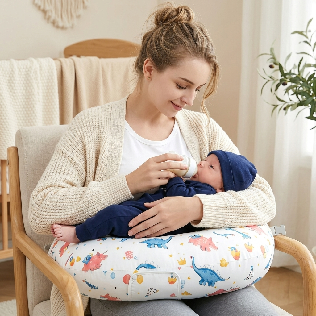 Mom bottle-feeding her baby with the Mamora pillow buckled around her waist